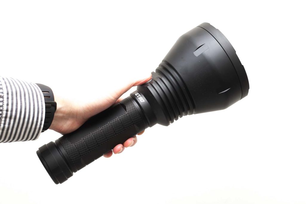 Lumintop BLF GT90 flashlight holding in hand