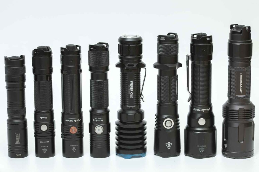 popular tactical flashlights on a row